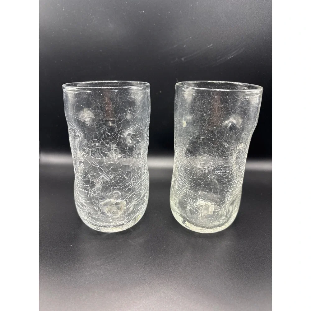Set of 2 Hand Blown Clear Crackle Glass Tumblers Organic Wavy Shape Highball